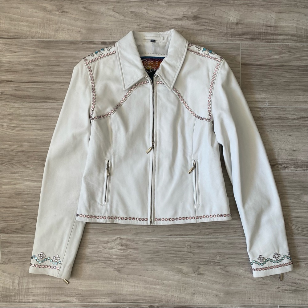 Cripple Creek western studded jeweled bling off white leather jacket size M